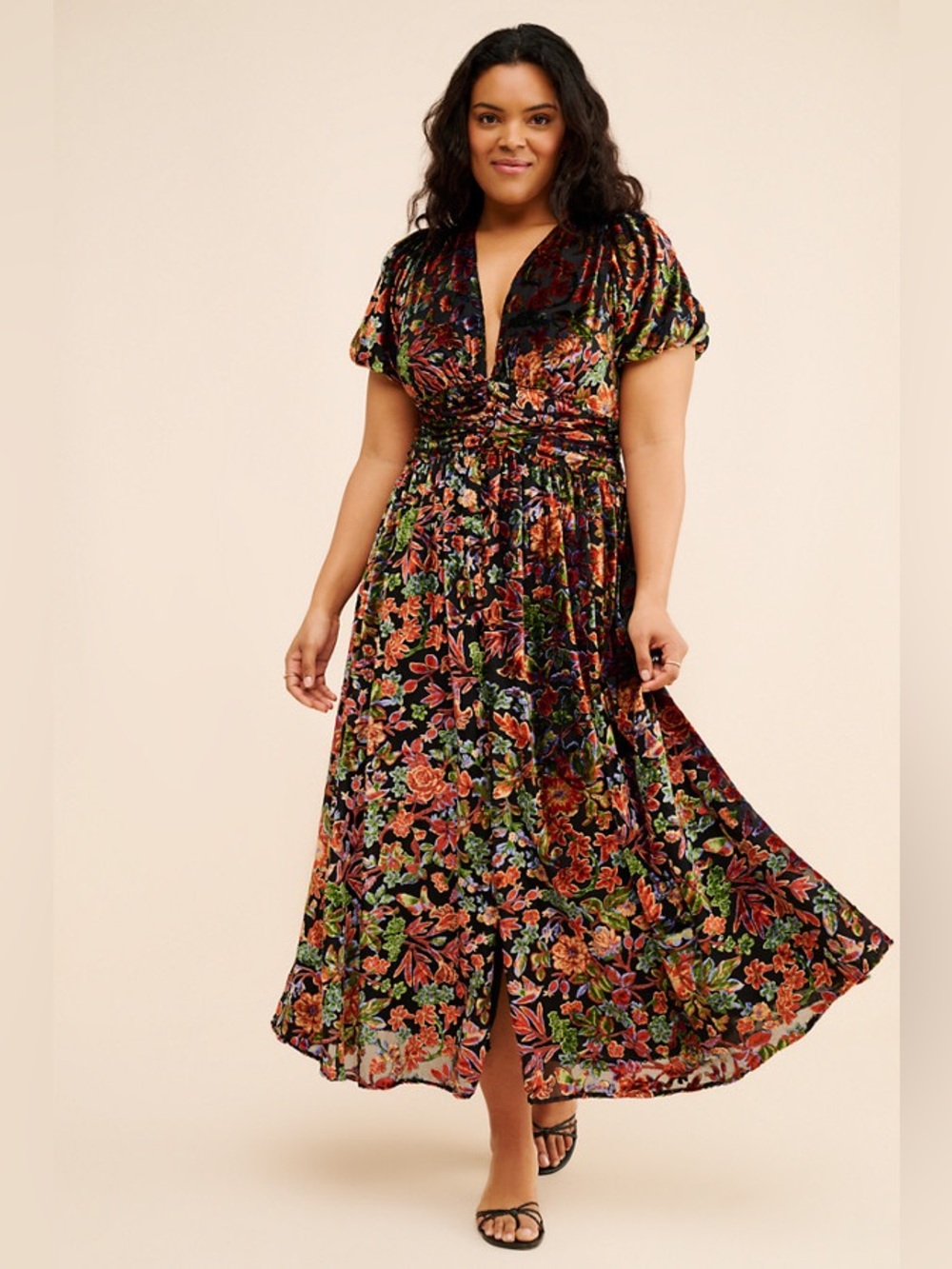 By Anthropologie Katerina Button-Front Burnout Velvet Floral Midi Dress US 16
